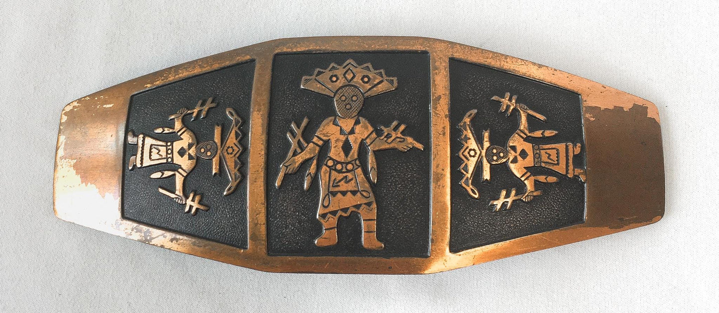 Vintage 70s Copper Aztec Southwestern Indian Belt Buckle, 5.5" x 2", Unique Statement Western Native Belt
