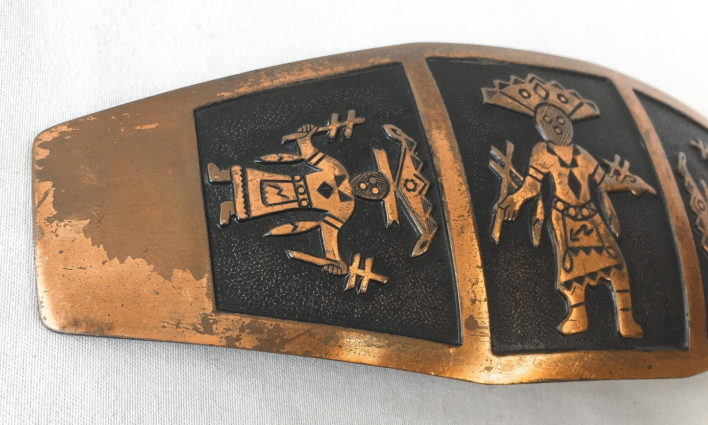Vintage 70s Copper Aztec Southwestern Indian Belt Buckle, 5.5" x 2", Unique Statement Western Native Belt