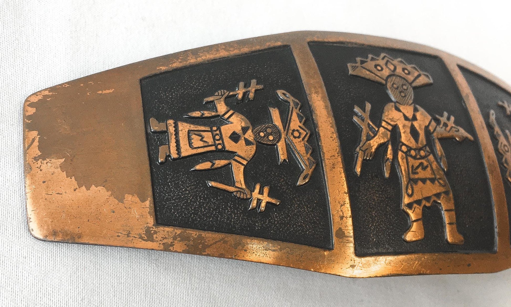 Vintage 70s Copper Aztec Southwestern Indian Belt Buckle, 5.5" x 2", Unique Statement Western Native Belt