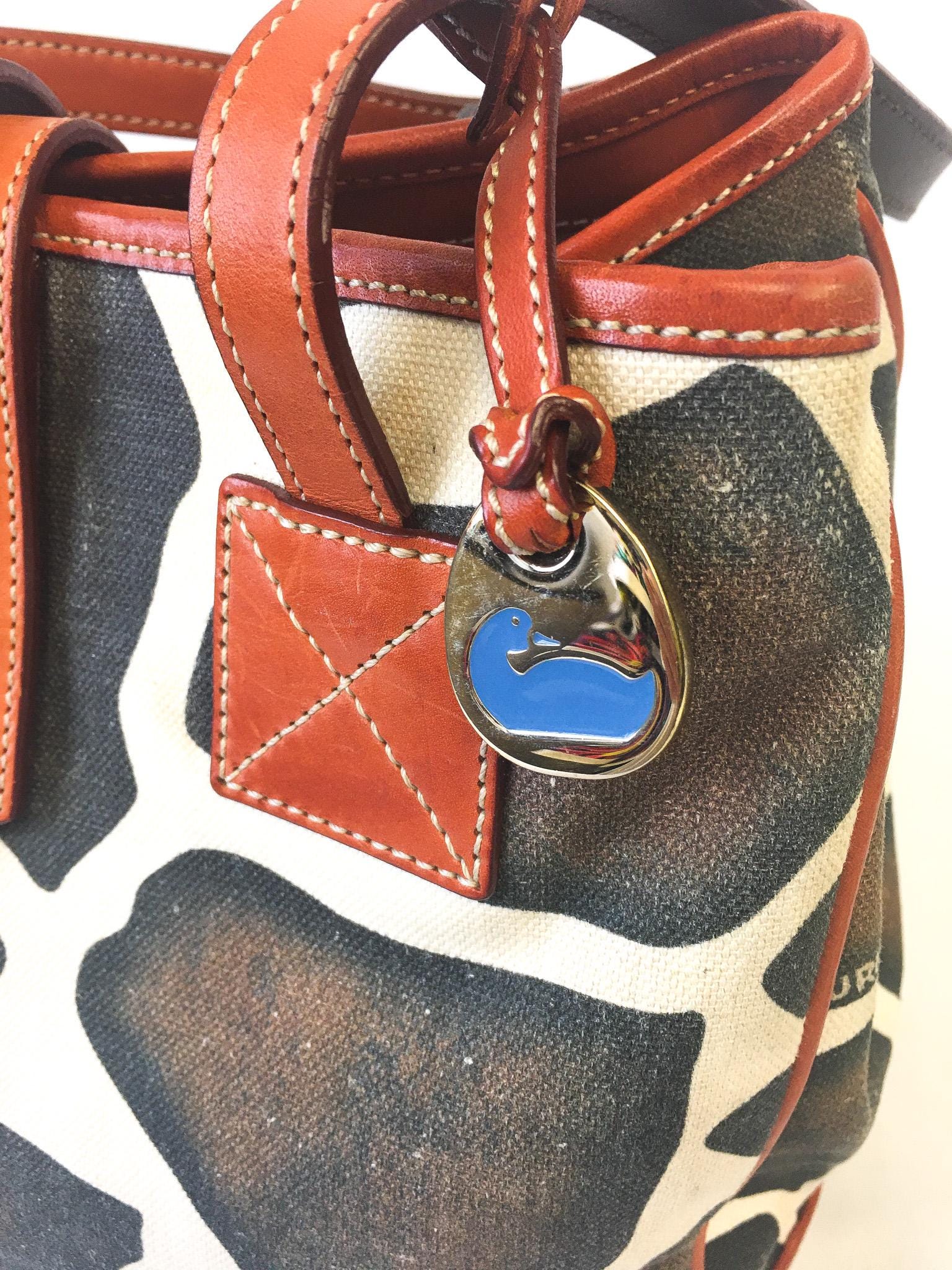 Y2K Dooney and Bourke Giraffe Animal Print Canvas Leather Shoulder Tote Bag, Unique 00s Animal Print Handbag