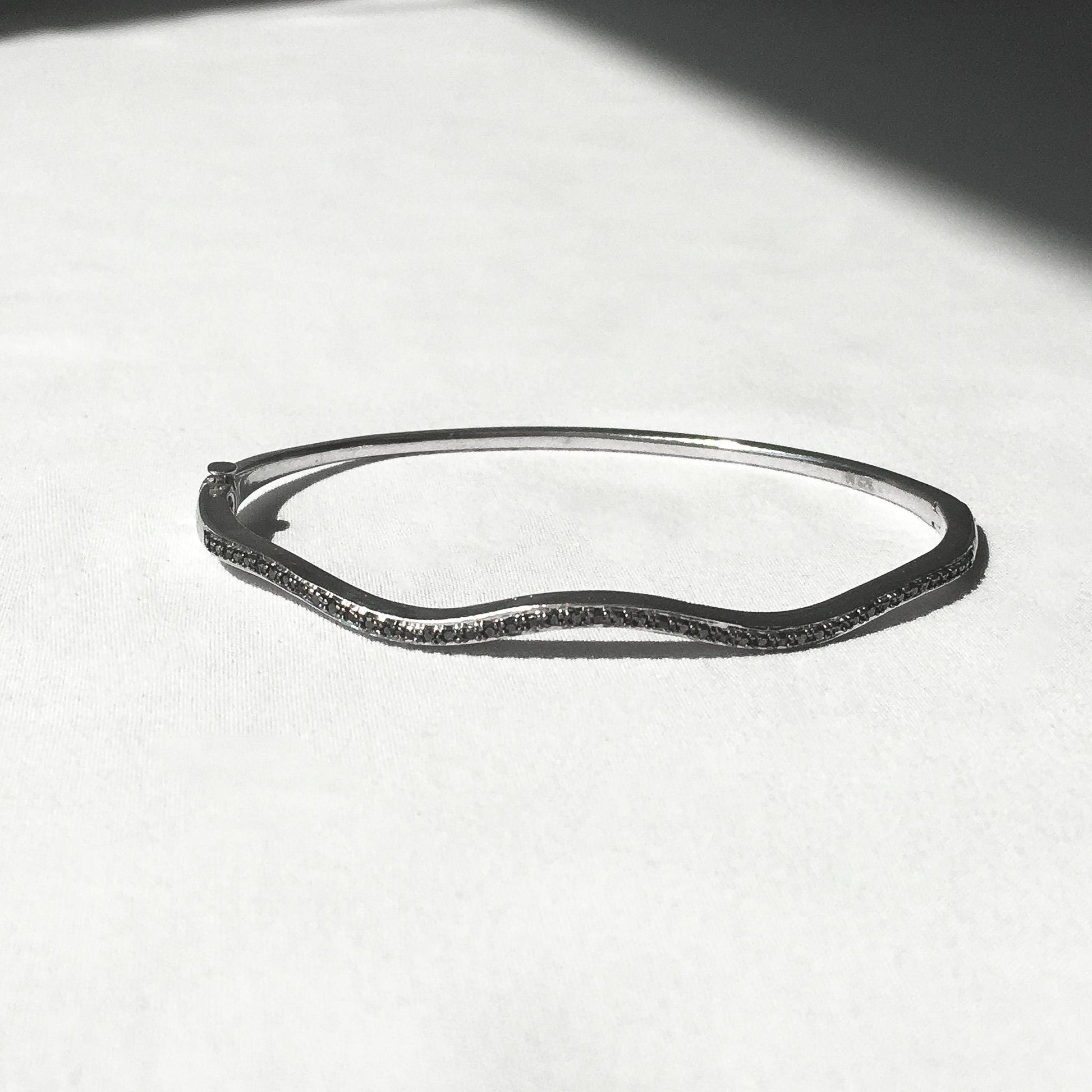925 and Black Diamond Silver Wave Bangle Bracelet, 6-8", Unique Stackable Bangle Bracelet