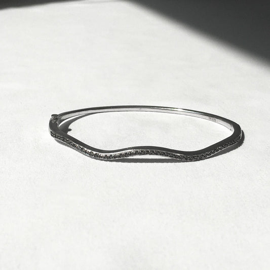925 and Black Diamond Silver Wave Bangle Bracelet, 6-8", Unique Stackable Bangle Bracelet