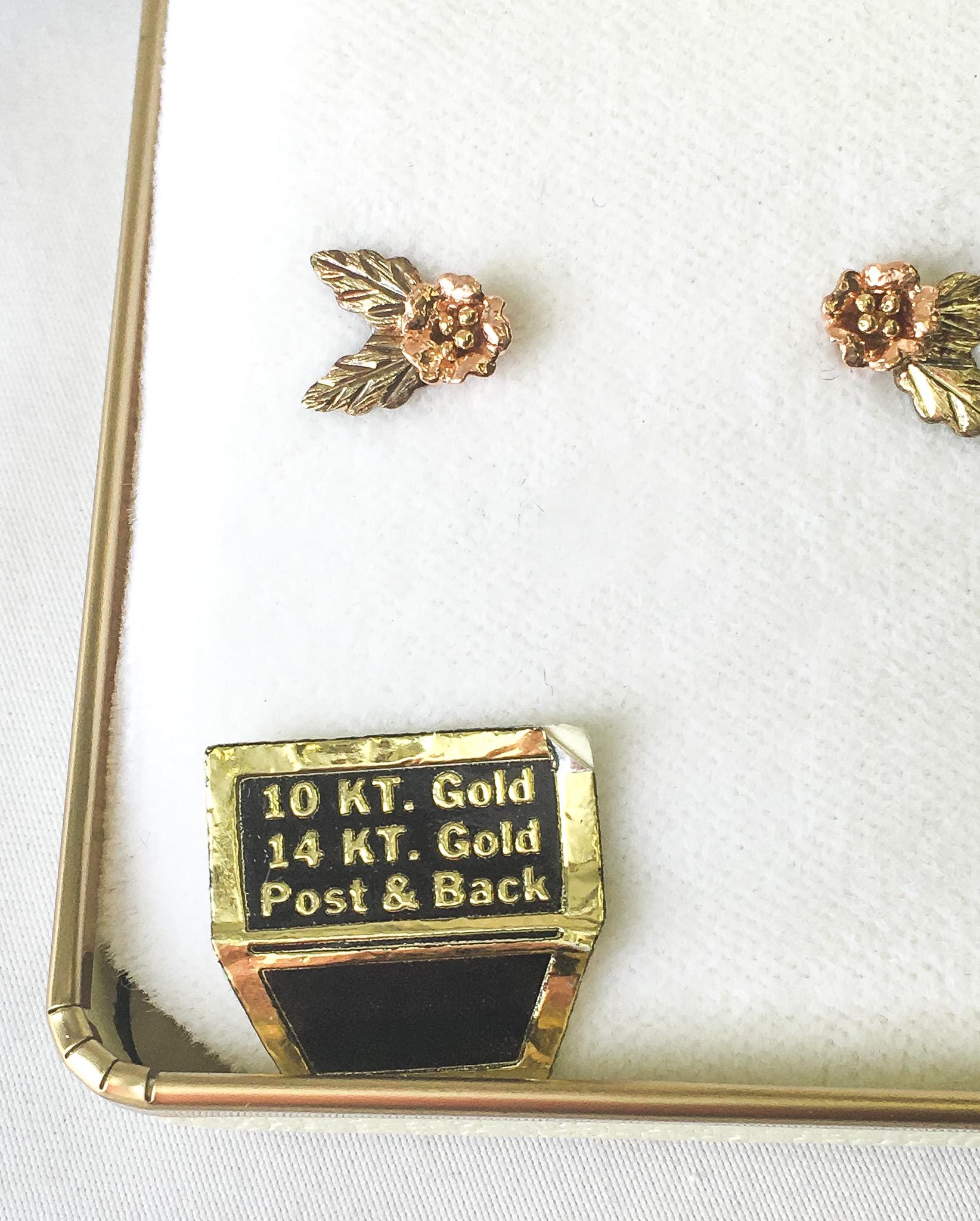 10K 14K Black Hills Gold Floral Leaf Stud Earrings, Dainty Black Hills Gold Floral Studs