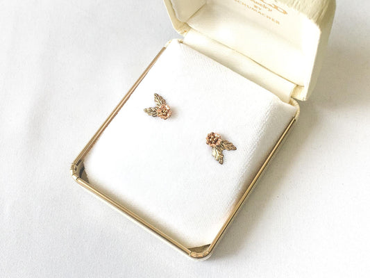 10K 14K Black Hills Gold Floral Leaf Stud Earrings, Dainty Black Hills Gold Floral Studs