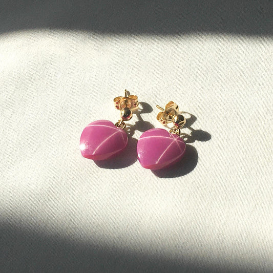 14K Pink Star Ruby Heart Shaped Dangle Stud Earrings, Unique Elegant Dainty Ruby Earrings