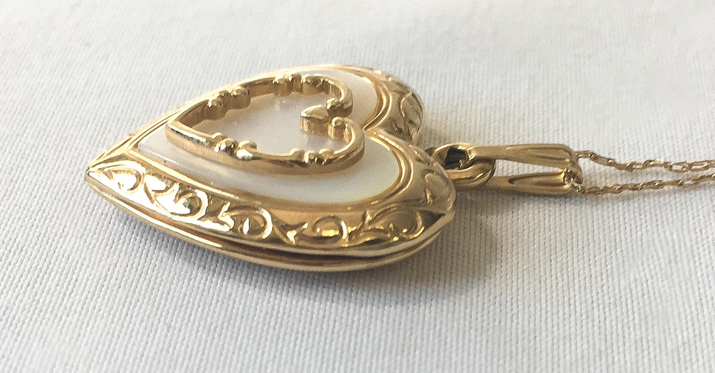 10K Gold Puffed Mother of Pearl Heart Etched Locket on 18" 10K Chain, Vintage Grandma Style Elegant Locket