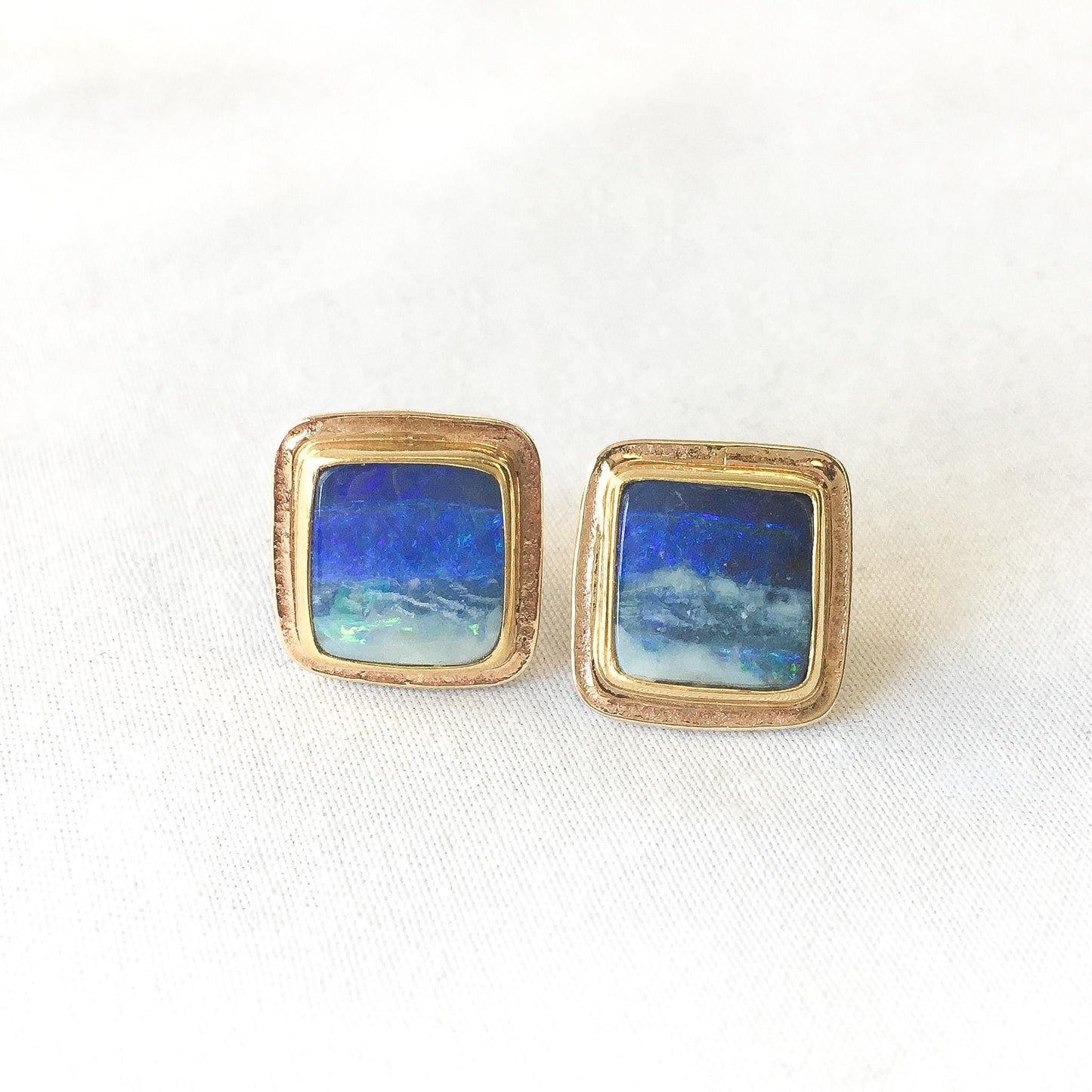 Vintage 14K & 22K Blue Opal Gold Frame Square Stud Earrings, Unique Elegant Opal Earrings