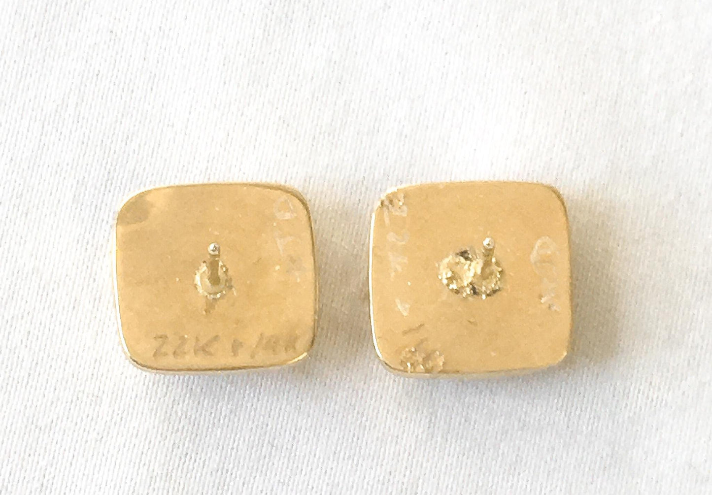 Vintage 14K & 22K Blue Opal Gold Frame Square Stud Earrings, Unique Elegant Opal Earrings