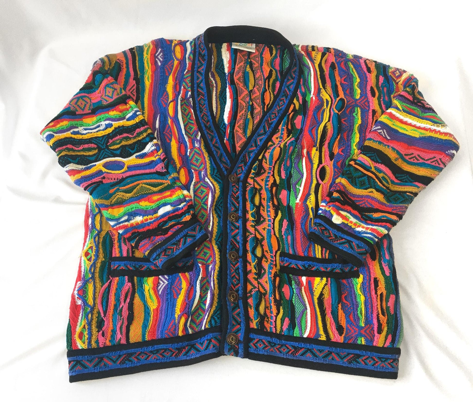 90s Authentic COOGI Rainbow Button Up Cardigan Sweater, Men's Sz. M, Vintage Authentic Coogi Grandpa Eclectic Retro Style Sweater