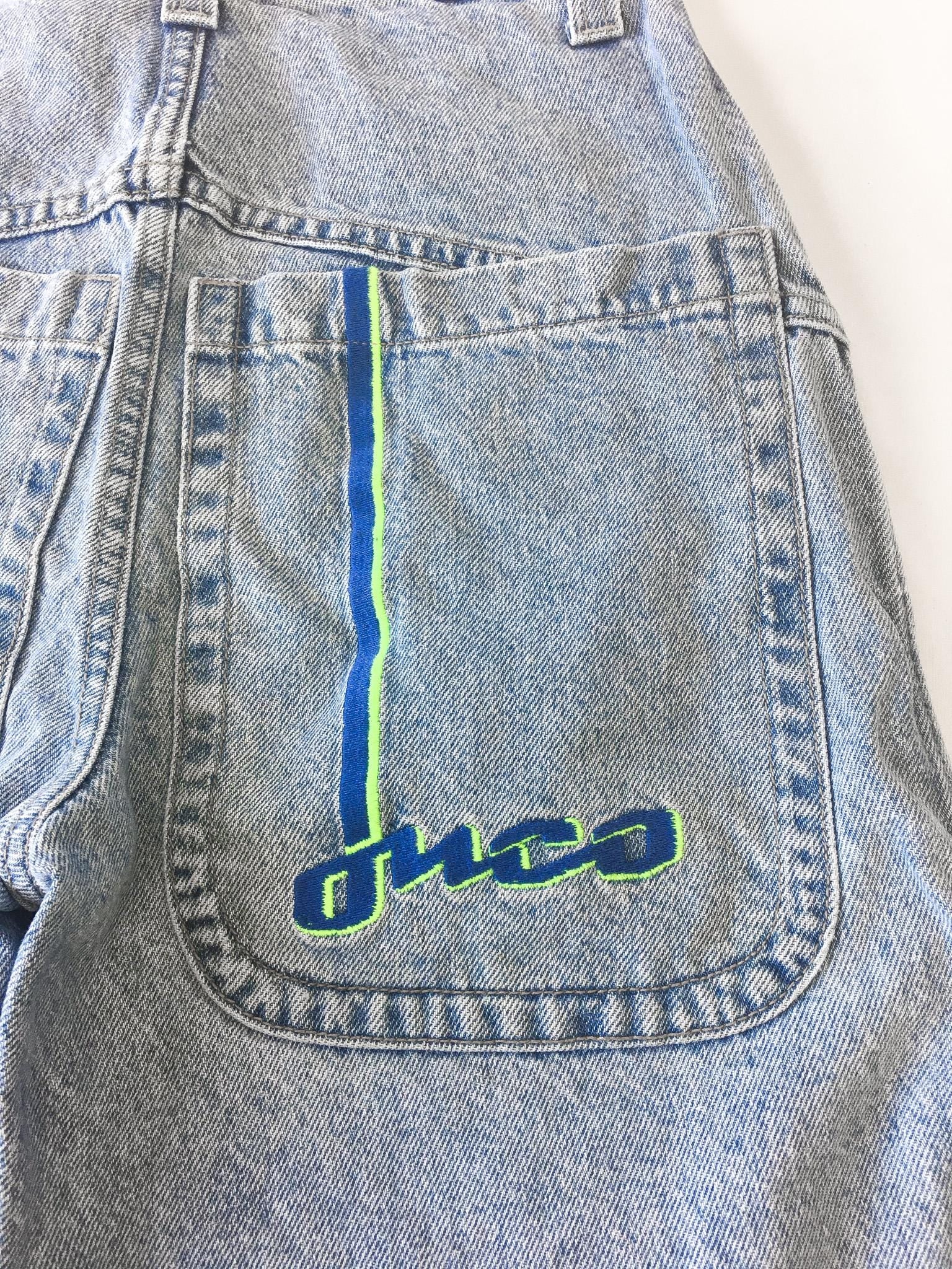 90s JNCO 2199 Boarder Neon Green/Blue Light Wash High Rise Denim Shorts, 26" Waist, Vintage Streetwear Jorts