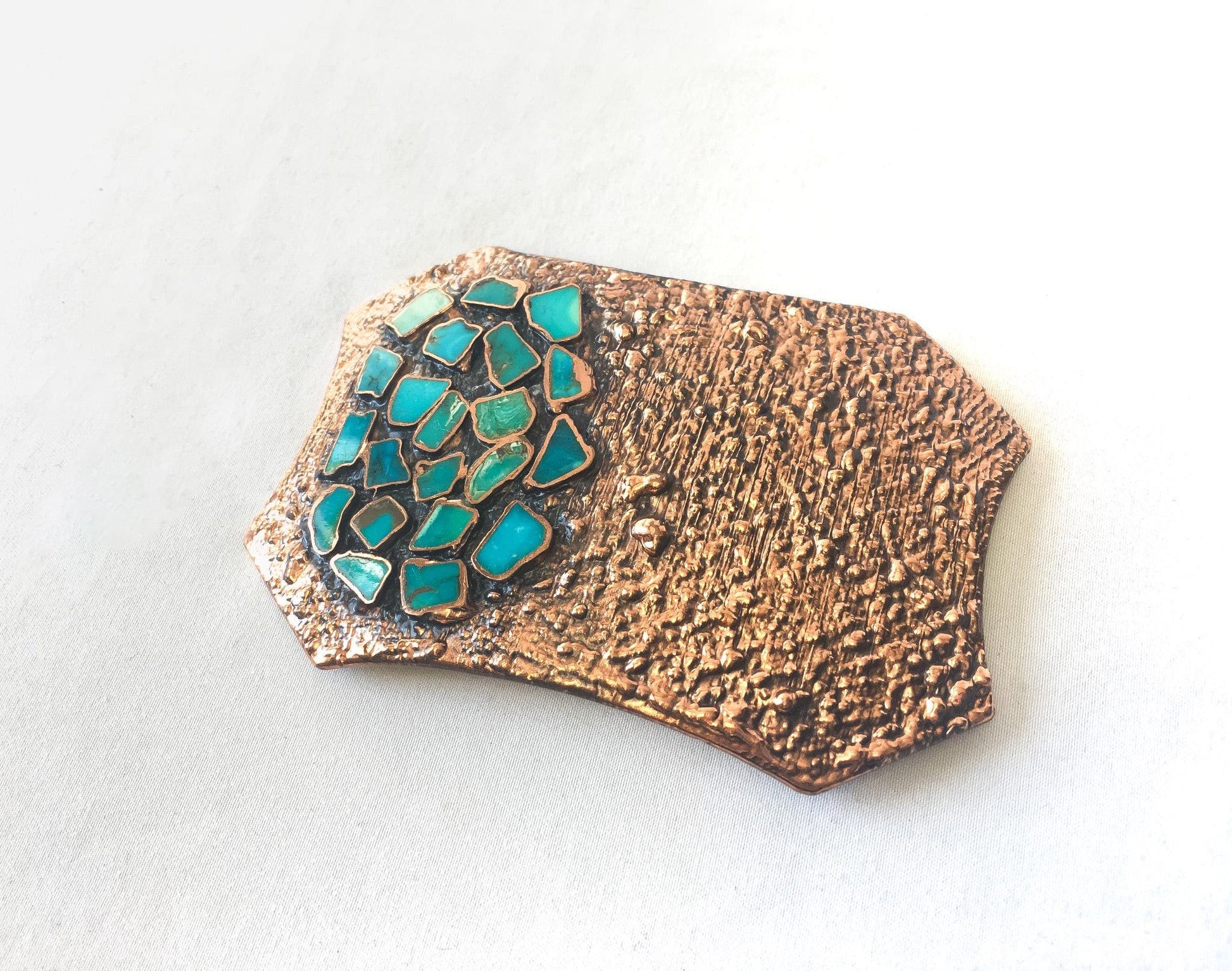 Vintage Copper Turquoise Inlay Textured Navajo Belt Buckle, Vintage Unique Statement Native American Western Navajo Belt Buckle