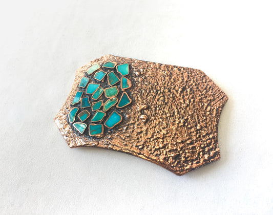 Vintage Copper Turquoise Inlay Textured Navajo Belt Buckle, Vintage Unique Statement Native American Western Navajo Belt Buckle