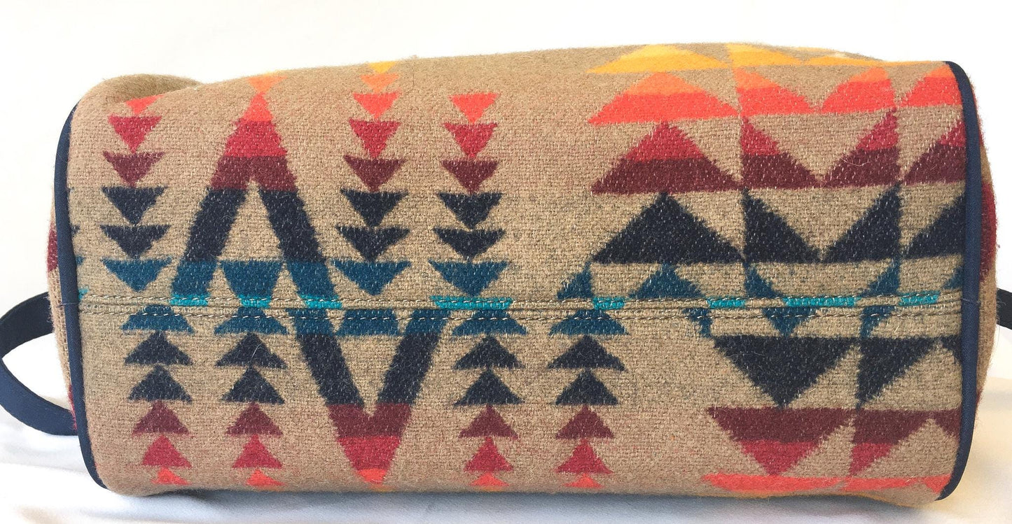 Vintage Inspired Pendleton Navy/Beige/Rainbow Southwest Aztec Pattern Wool Crossbody Bag, Vintage Western Handbag