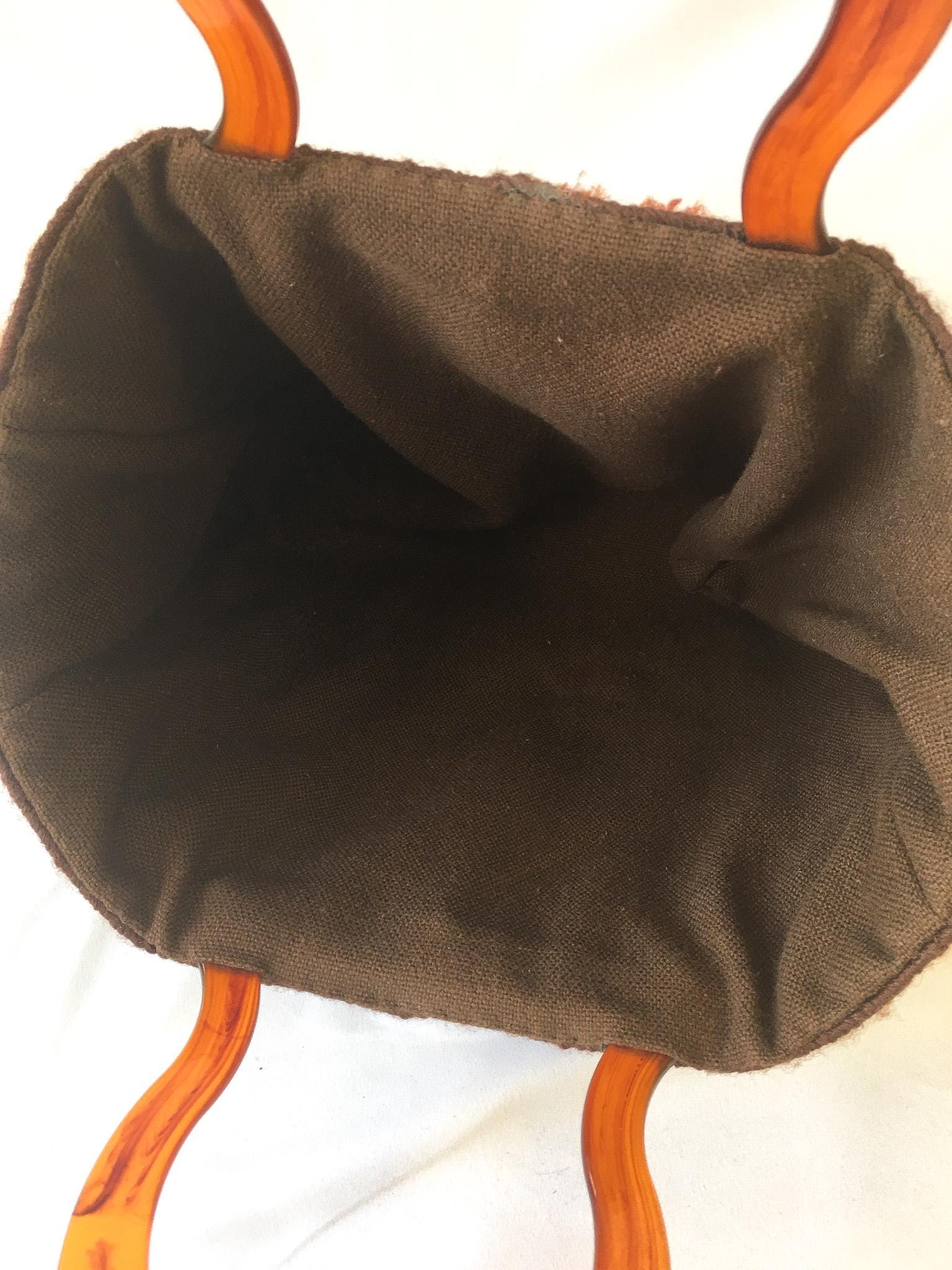 Vintage 70s Brown Floral Mushroom Autumn Themed Patchwork Needlepoint Top Handle Bag, Unique Statement Eclectic Autumn Handbag
