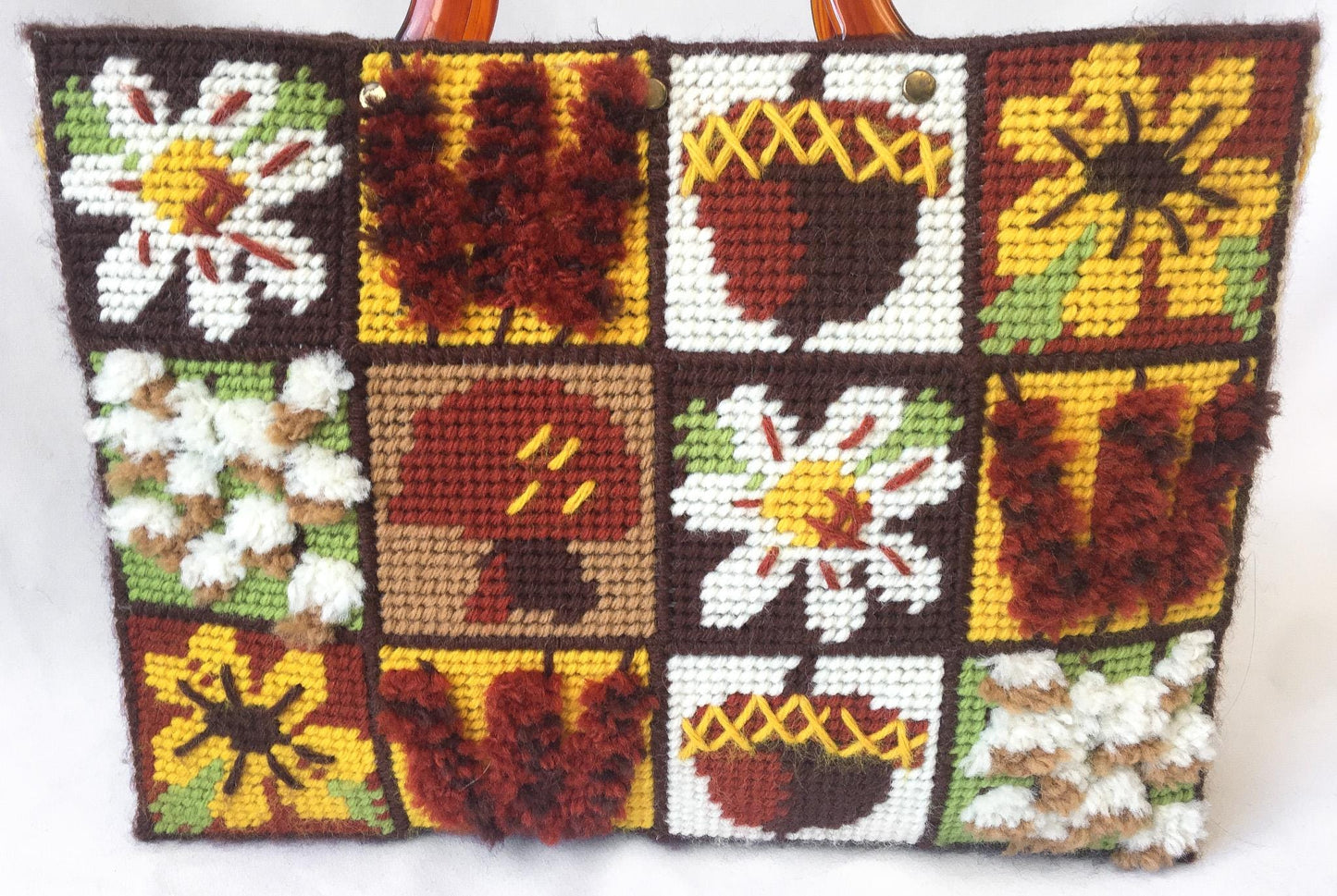 Vintage 70s Brown Floral Mushroom Autumn Themed Patchwork Needlepoint Top Handle Bag, Unique Statement Eclectic Autumn Handbag