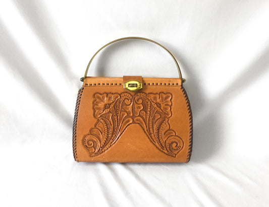 70s Handcrafted Tooled Leather Floral Trapezoid Metal Top Handle Bag, Vintage Western Boho Handbag