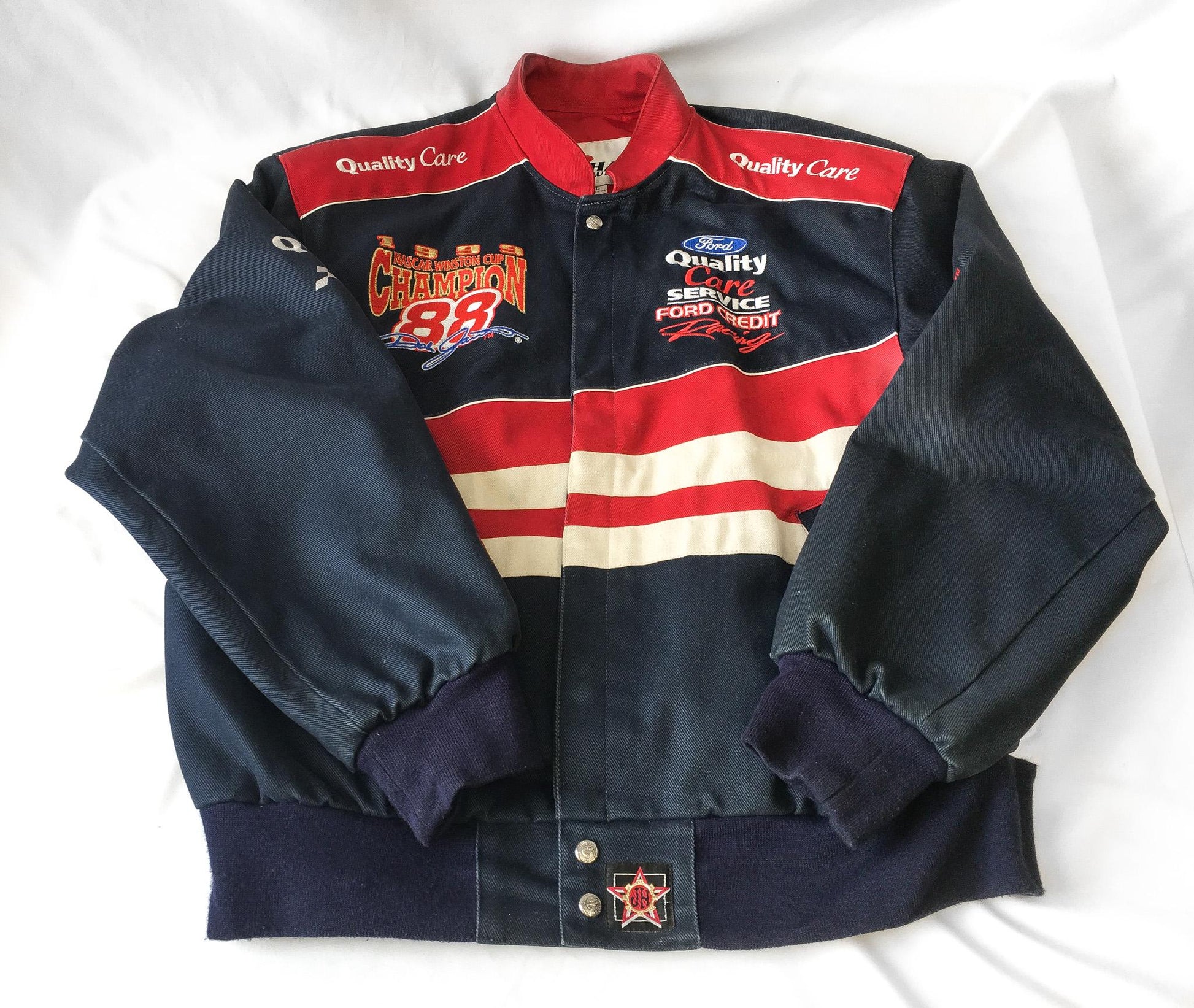 Vintage 1999 Dale Jarrett #88 Ford Quality Care Navy/Red Bomber Racing Jacket, Men's Sz. L, Vintage Chase Authentics NASCAR F1 Jacket