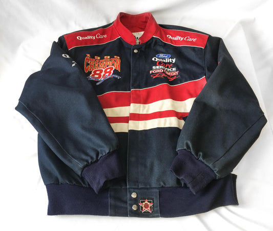 Vintage 1999 Dale Jarrett #88 Ford Quality Care Navy/Red Bomber Racing Jacket, Men's Sz. L, Vintage Chase Authentics NASCAR F1 Jacket