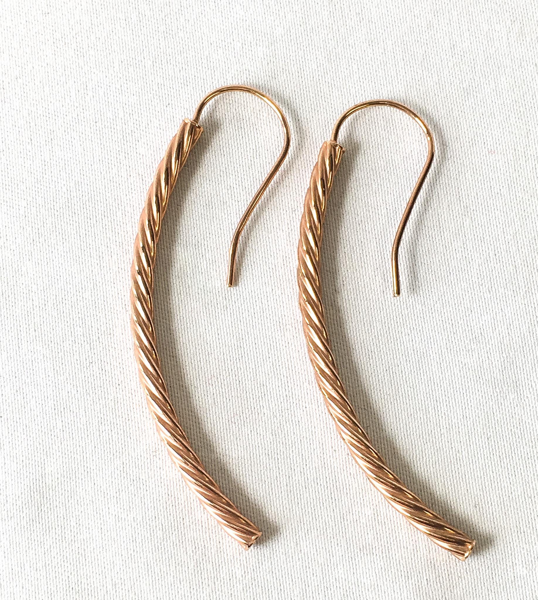 18K Milor Italy Rose Gold Copper Twisted Rod Tube Dangle Earrings, Unique Simple Lightweight Minimalist Earrings