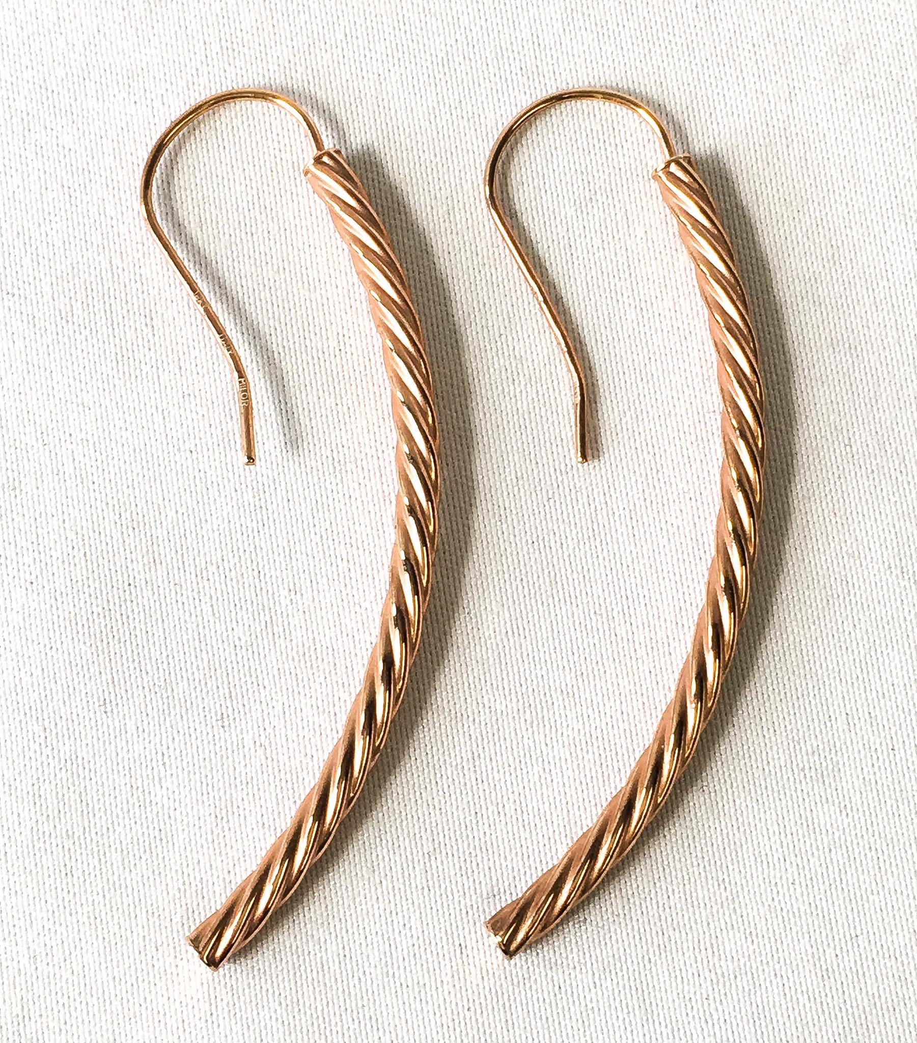 18K Milor Italy Rose Gold Copper Twisted Rod Tube Dangle Earrings, Unique Simple Lightweight Minimalist Earrings