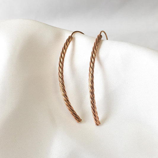 18K Milor Italy Rose Gold Copper Twisted Rod Tube Dangle Earrings, Unique Simple Lightweight Minimalist Earrings