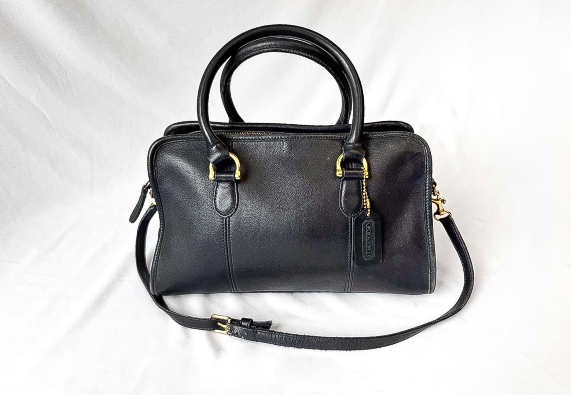 90s Coach Beaumont Black Leather Doctor Satchel Top Handle with Detachable Crossbody Strap, Style 9871, Vintage Rare Coach Handbag