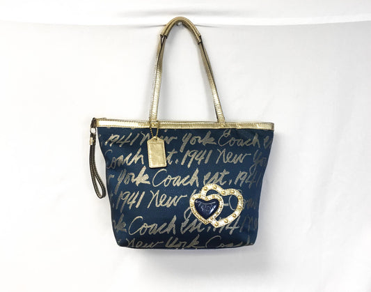 Y2K Coach Signature Script Navy/Metallic Gold Lurex Shoulder Tote Bag, Style F17097, Unique 00s Statement Handbag