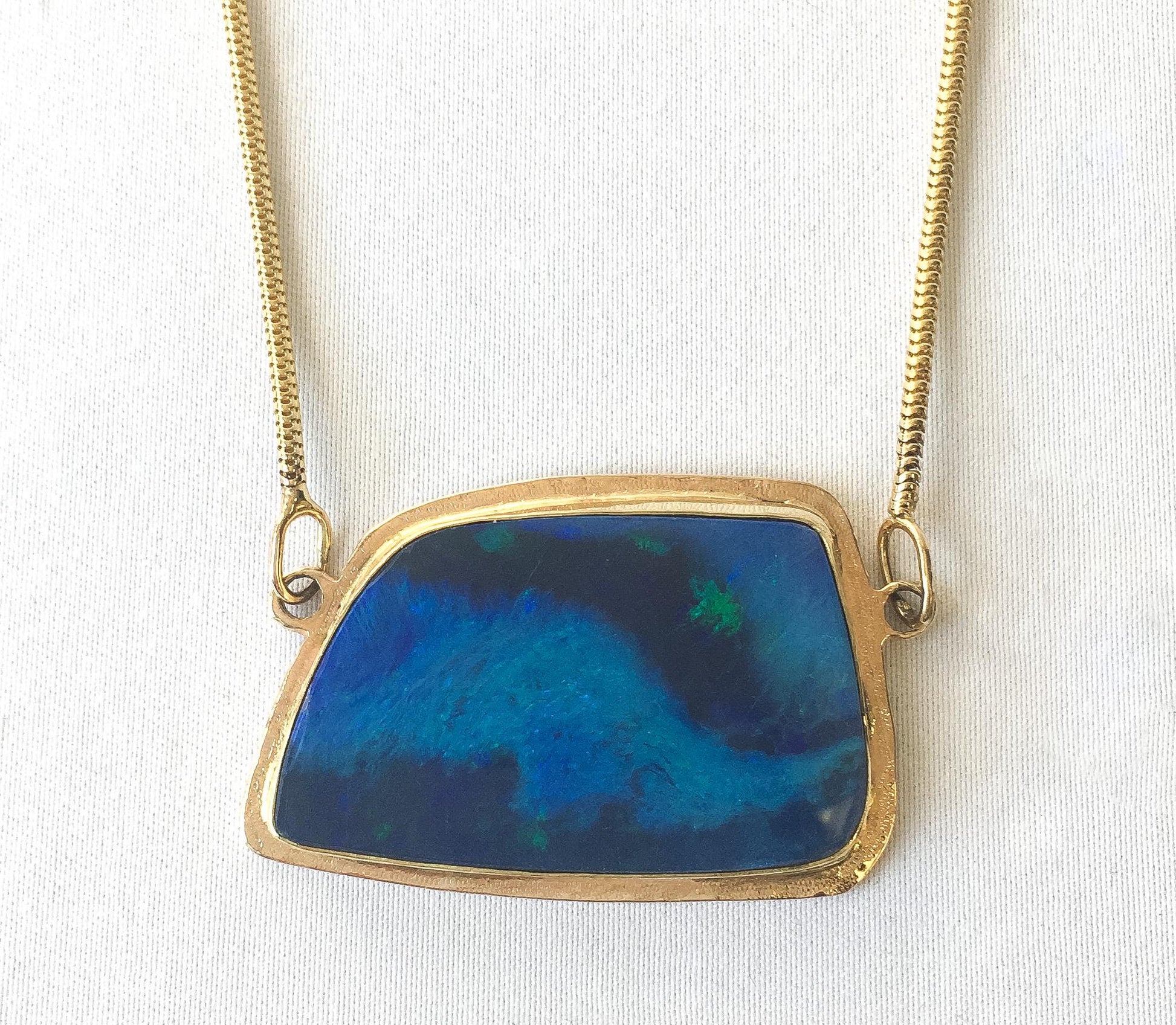 Vintage 14K Blue Opal Abstract Trapezoid Large Statement Necklace, 16", Elegant Boho Statement Necklace