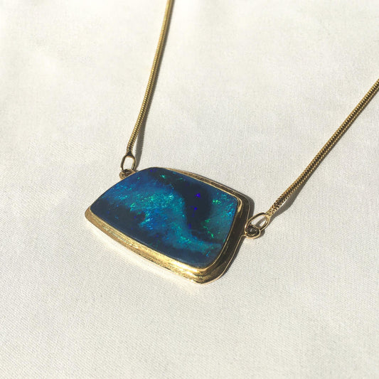 Vintage 14K Blue Opal Abstract Trapezoid Large Statement Necklace, 16", Elegant Boho Statement Necklace