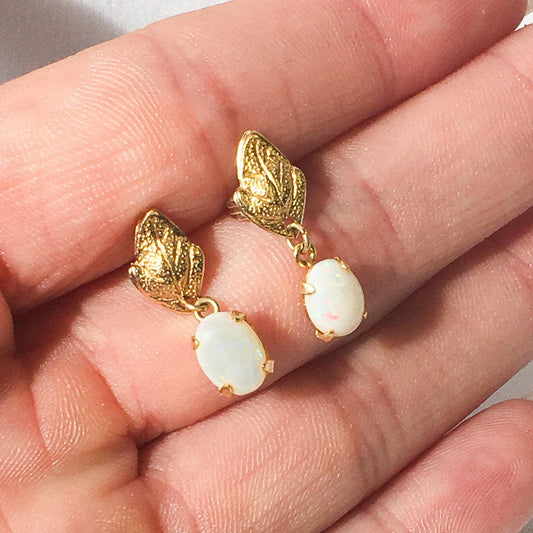 14K Yellow Gold Opal Leaf Post Dangle Earrings, Simple Dainty Everyday Minimalist Earrings