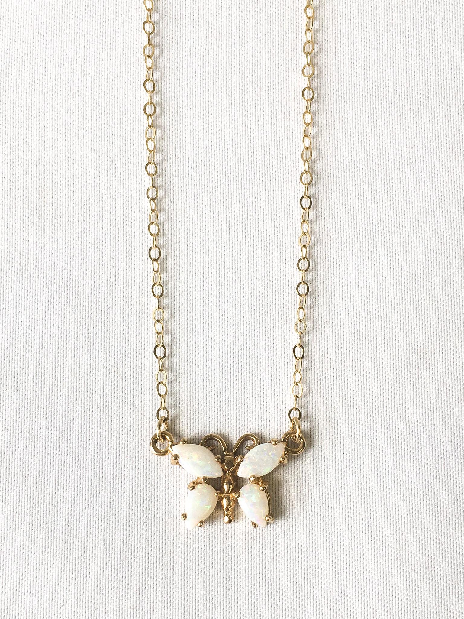 14K Opal Butterfly Necklace, 16", Dainty Simple Everyday Layering Necklace