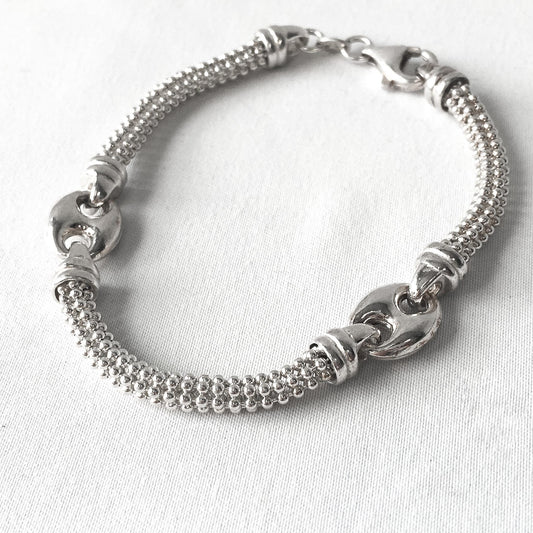 Vintage 925 Italy Beaded Puffy Mariner Anchor Chain Bracelet, 7.5", Unique Simple Everyday Unisex Chain Bracelet