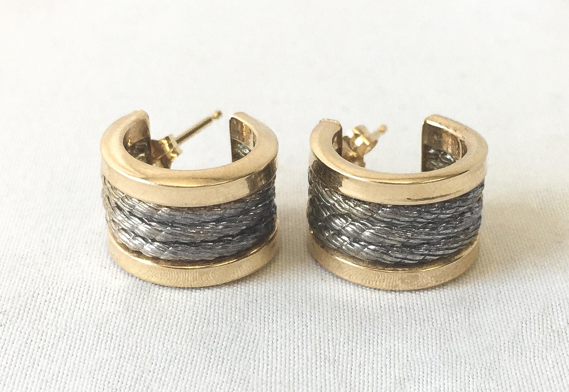 Vintage 14K Yellow Gold 925 Ribbed Textured Hoop Earrings, Simple Everyday Mixed Metal Earrings