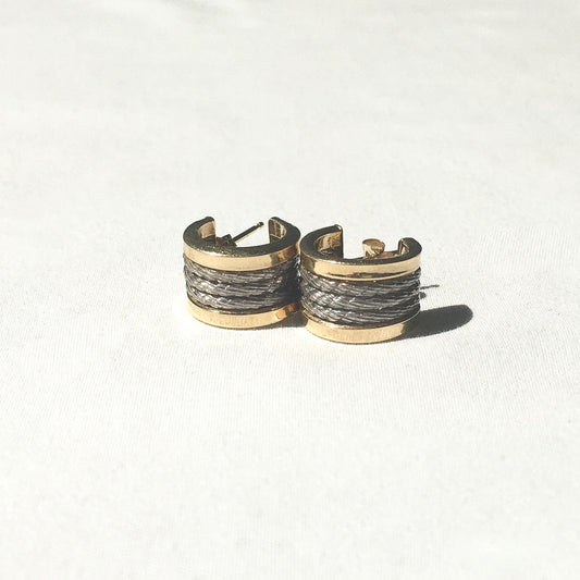 Vintage 14K Yellow Gold 925 Ribbed Textured Hoop Earrings, Simple Everyday Mixed Metal Earrings