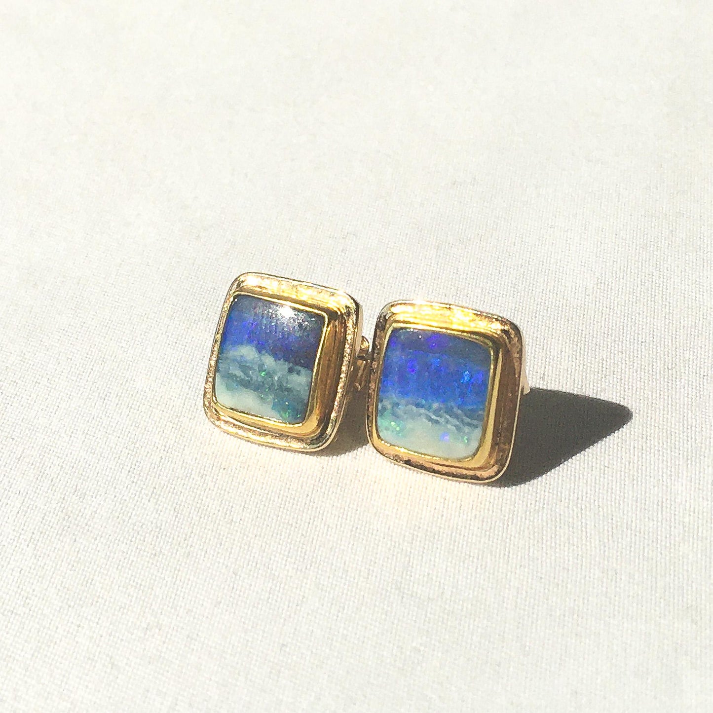 Vintage 14K & 22K Blue Opal Gold Frame Square Stud Earrings, Unique Elegant Opal Earrings