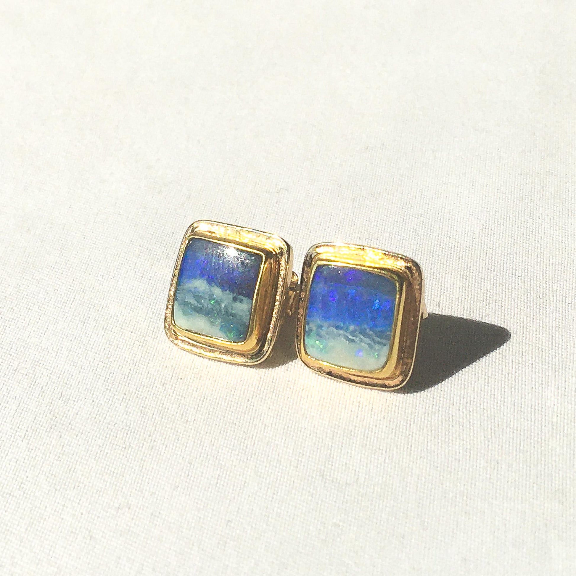 Vintage 14K & 22K Blue Opal Gold Frame Square Stud Earrings, Unique Elegant Opal Earrings