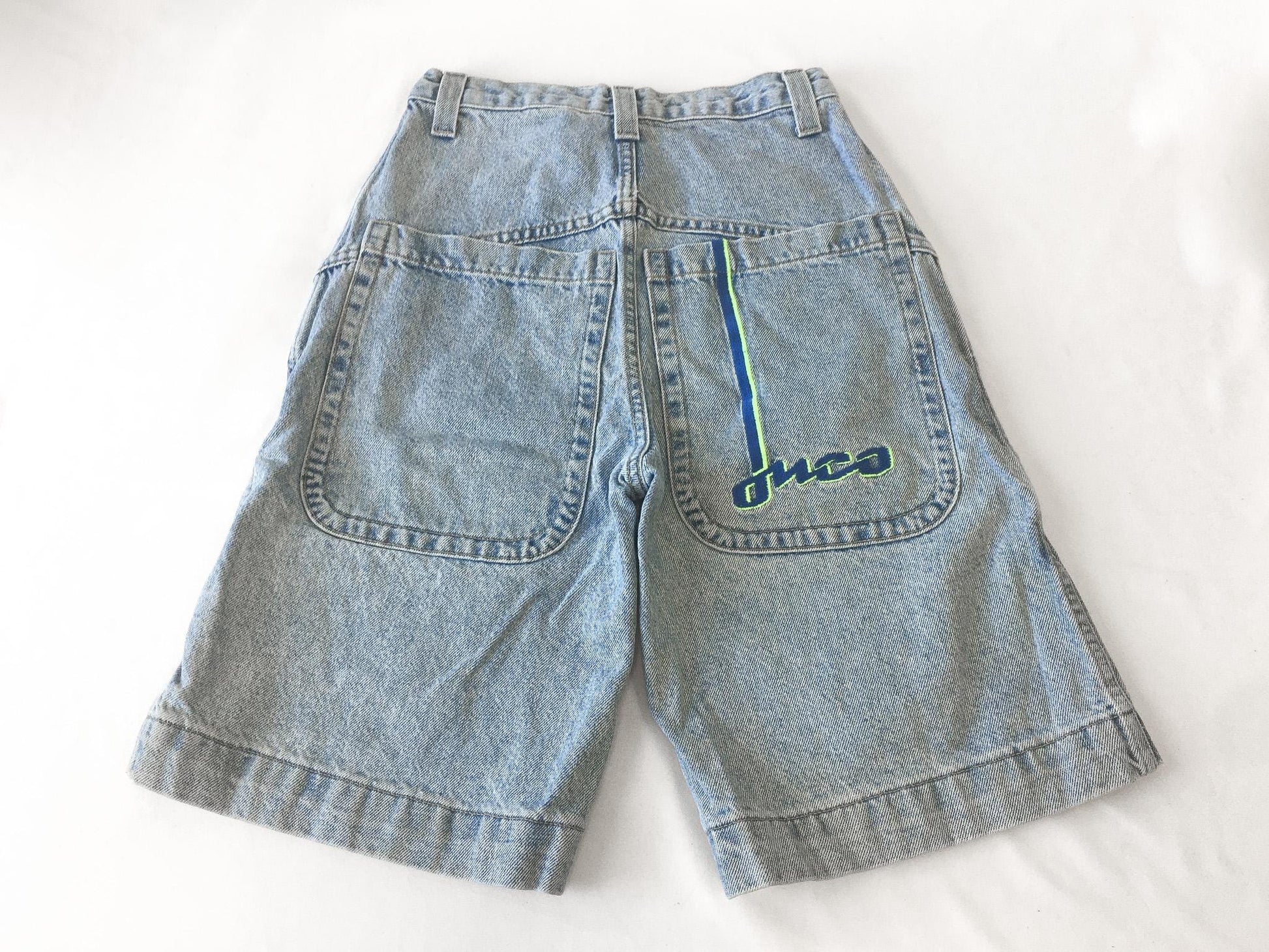 90s JNCO 2199 Boarder Neon Green/Blue Light Wash High Rise Denim Shorts, 26" Waist, Vintage Streetwear Jorts