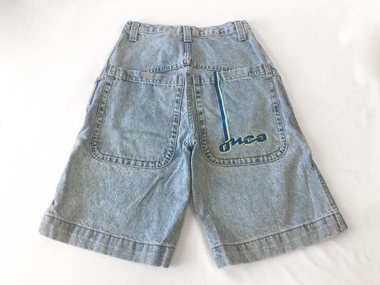 90s JNCO 2199 Boarder Neon Green/Blue Light Wash High Rise Denim Shorts, 26" Waist, Vintage Streetwear Jorts