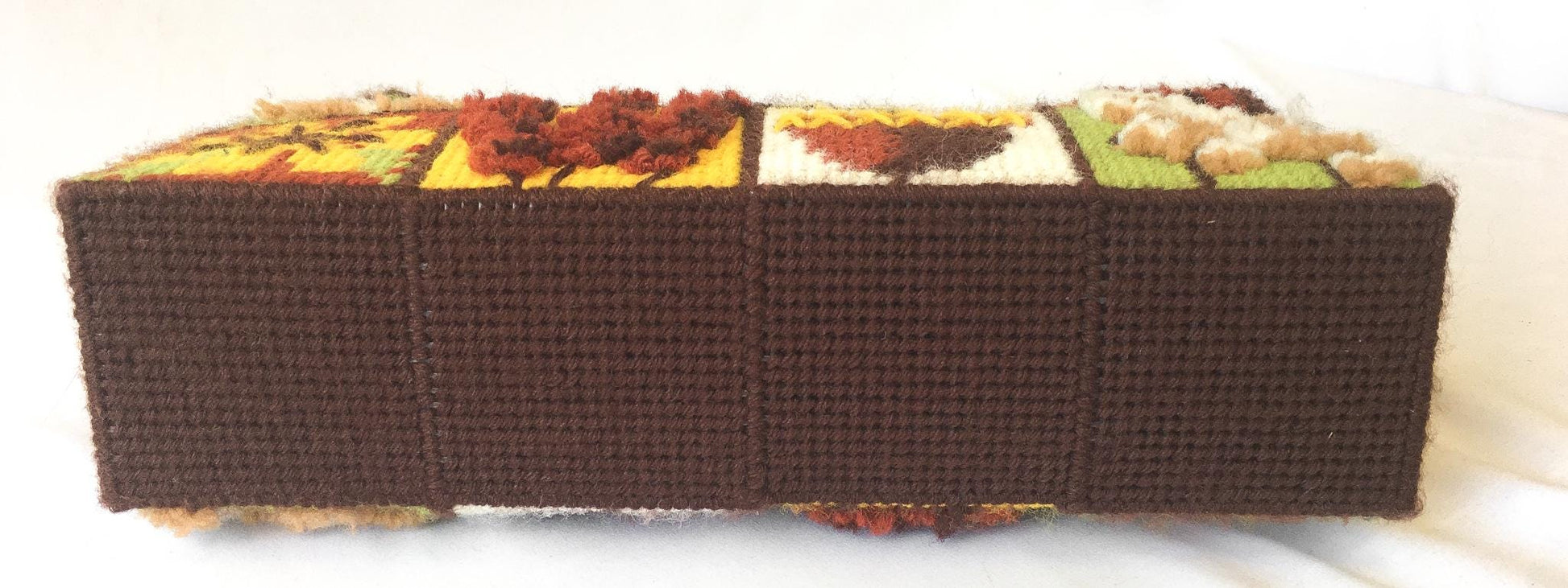 Vintage 70s Brown Floral Mushroom Autumn Themed Patchwork Needlepoint Top Handle Bag, Unique Statement Eclectic Autumn Handbag