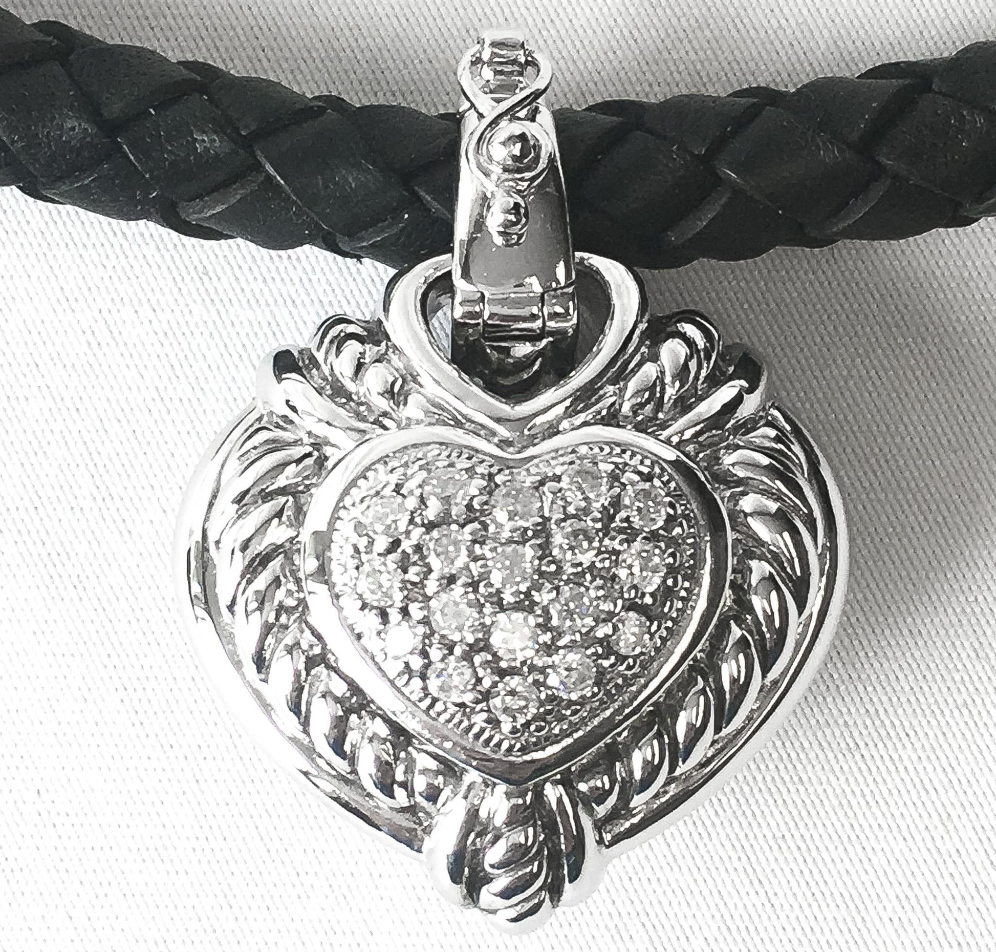 925 Judith Ripka Cubic Zirconia Heart Reversible Leather Cord Choker Necklace, Unique Goth Emo Statement Necklace