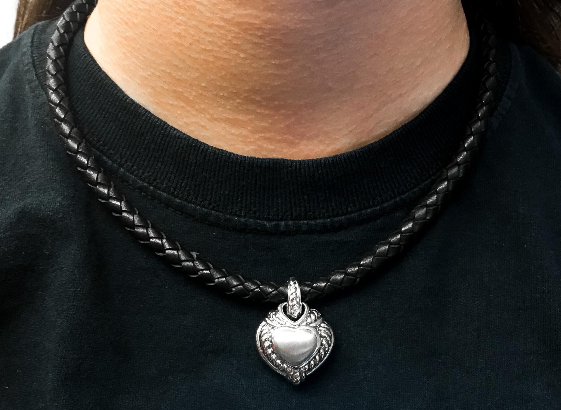 925 Judith Ripka Cubic Zirconia Heart Reversible Leather Cord Choker Necklace, Unique Goth Emo Statement Necklace
