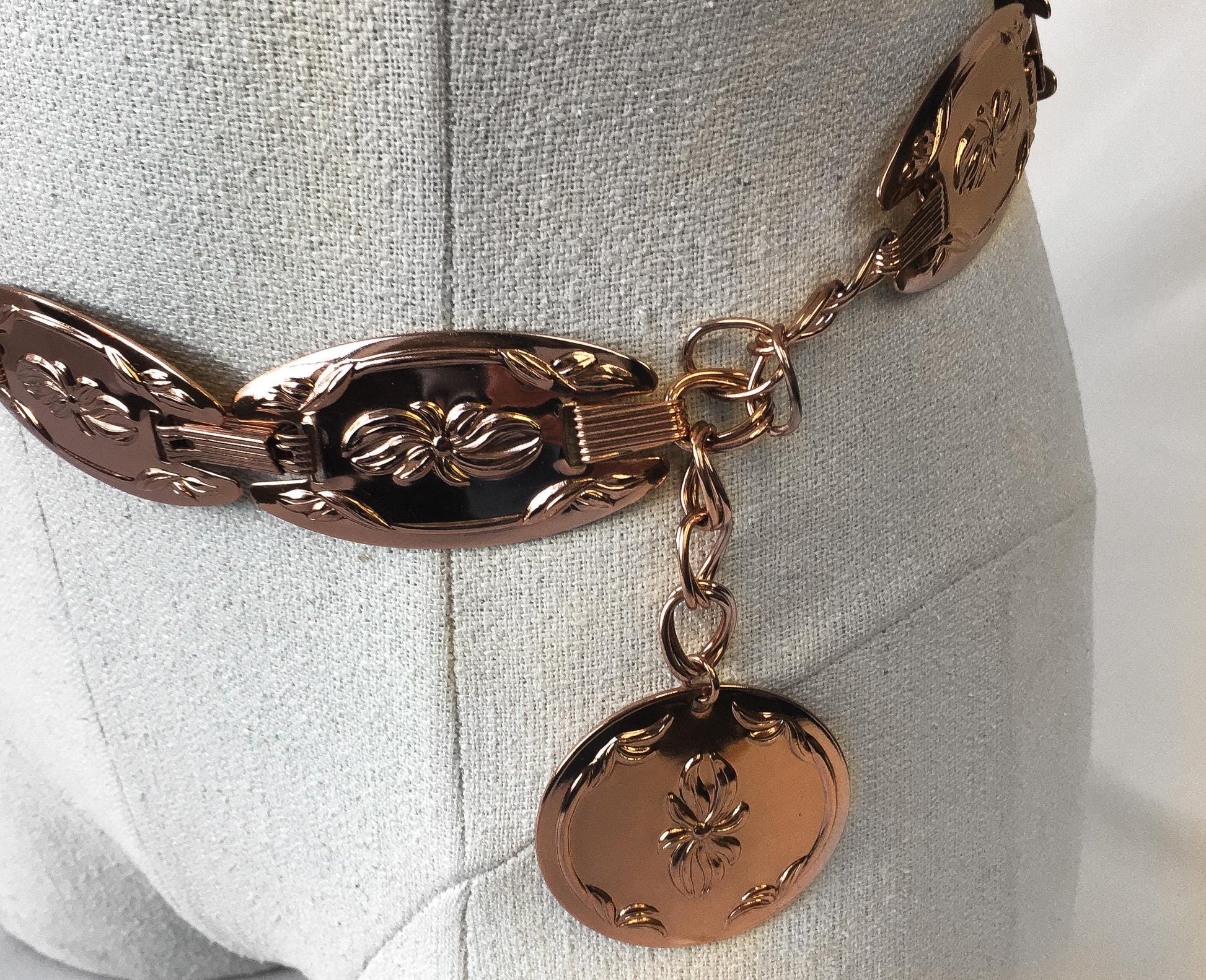 Vintage 70s Coppercraft Guild Copper/Rose Gold Toned Floral Detachable Adjustable Chain Belt, 22"-32", Vintage Boho Western Style Belt