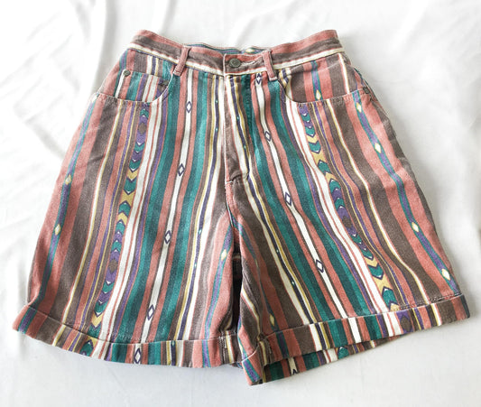 90s Gitano Rainbow Multicolor Striped Geometric Print Denim Shorts, Sz 24" Waist, Unique Denim Shorts