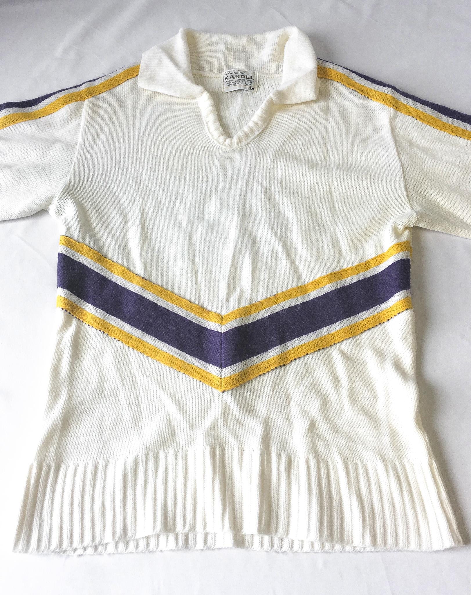Vintage Kandel Cream/White Purple and Yellow Cheerleader Style V-Neck Sweater, Approx. Womens Sz M, Vintage Preppy Academia Style Sweater