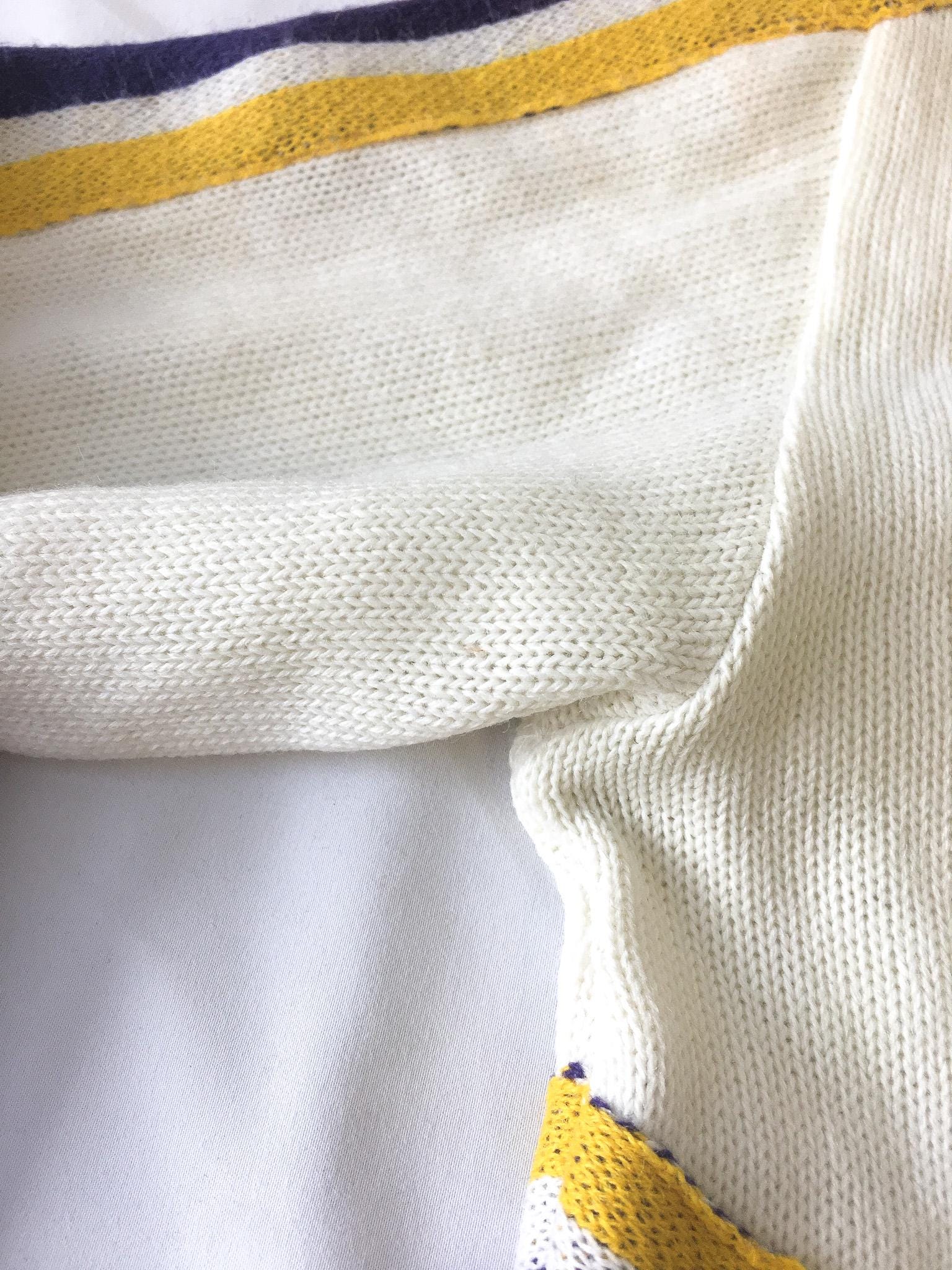 Vintage Kandel Cream/White Purple and Yellow Cheerleader Style V-Neck Sweater, Approx. Womens Sz M, Vintage Preppy Academia Style Sweater
