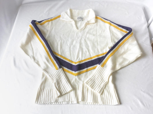 Vintage Kandel Cream/White Purple and Yellow Cheerleader Style V-Neck Sweater, Approx. Womens Sz M, Vintage Preppy Academia Style Sweater