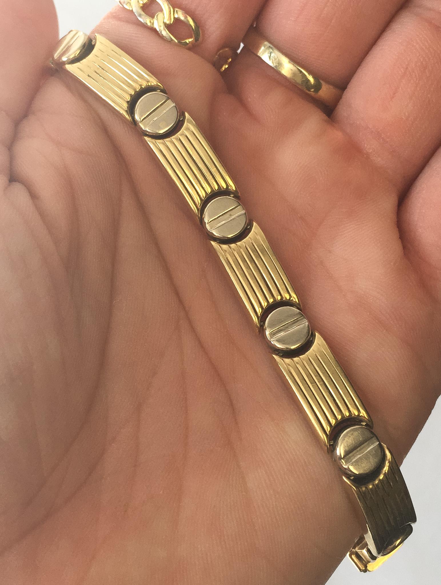 Vintage 14K Italy Two Tone Screw Head Link Chain Bracelet, 8", Roughly 5mm, Simple Everyday Elegant Minimalist Stackable Unisex Bracelet