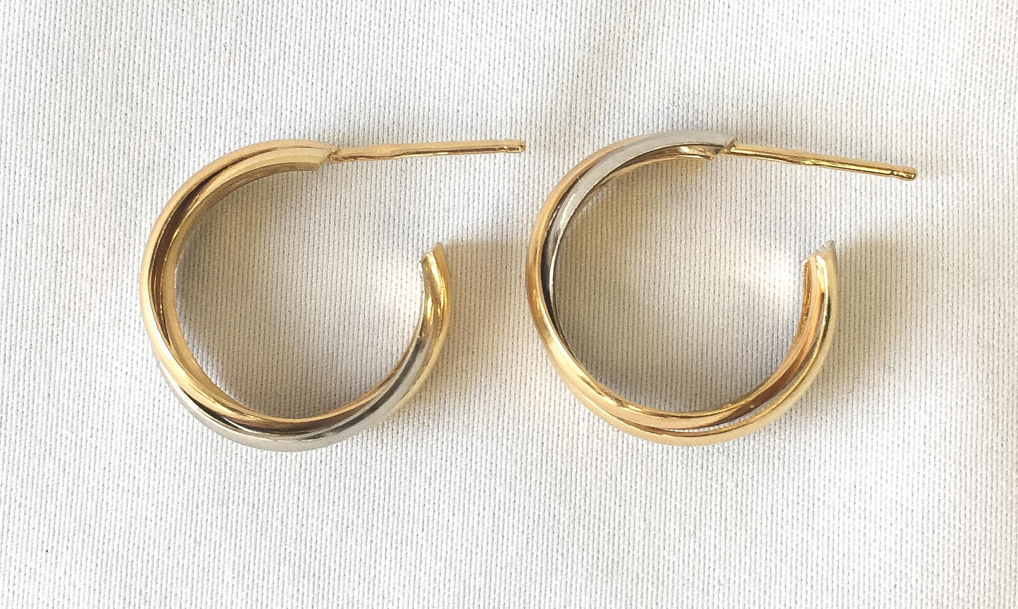 18K 750 Two Tone Twisted Hoop Earrings, Roughly 5mm, Simple Everyday Minimalist Hoop Earrings