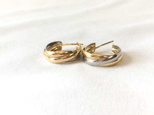 18K 750 Two Tone Twisted Hoop Earrings, Roughly 5mm, Simple Everyday Minimalist Hoop Earrings