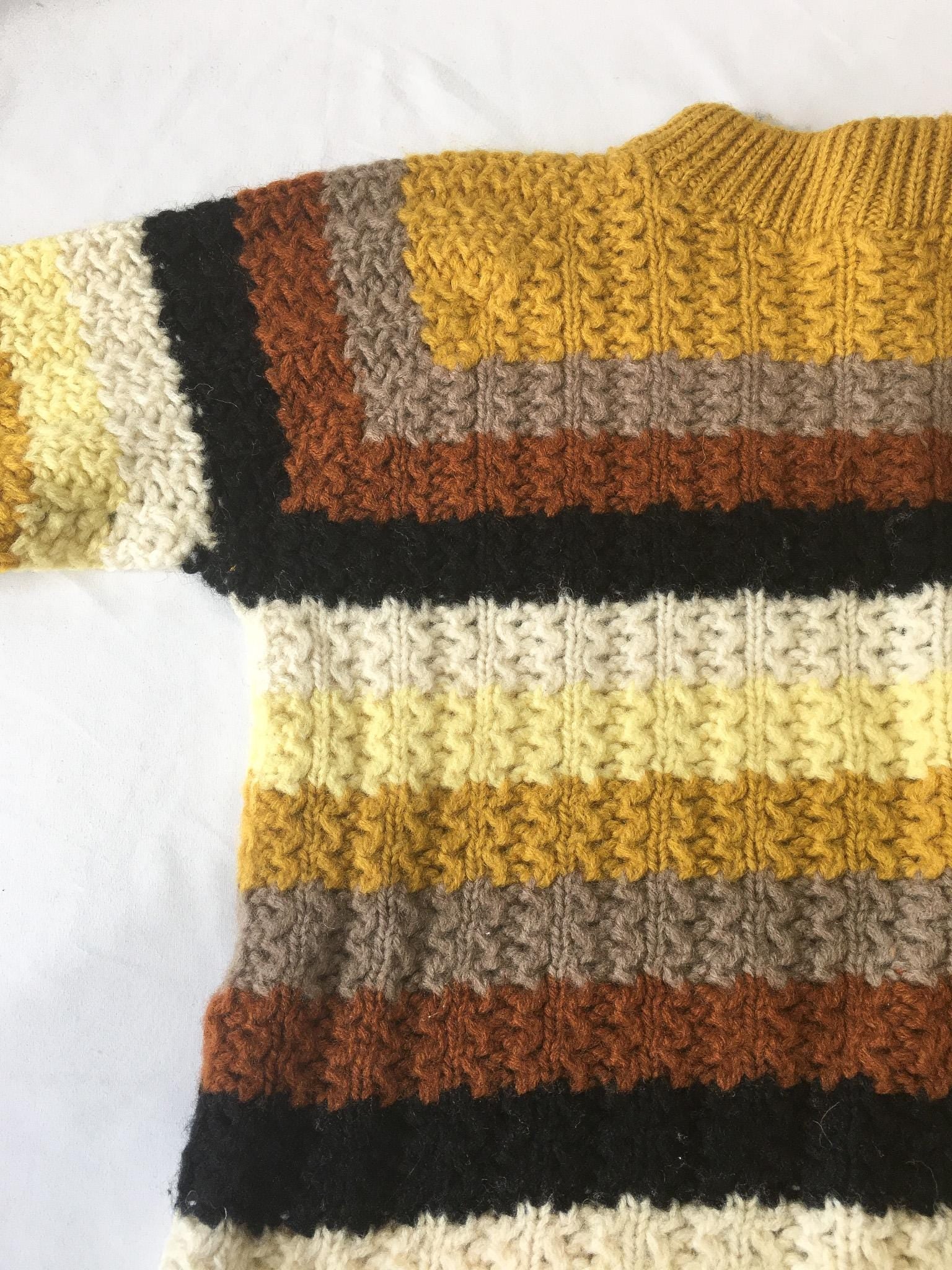 Vintage 60s Sears Yellow/Black/Brown Striped Chunky Knit Wool Sweater, Approx Women's Sz. XS/S